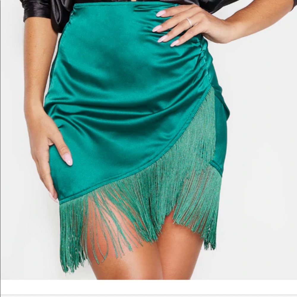 Green satin fringe mini skirt